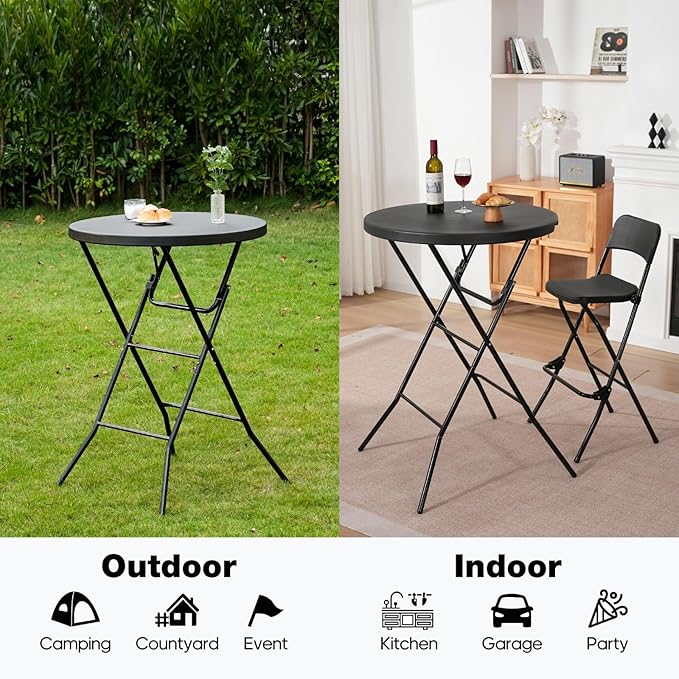 32" Round Folding Table, Portable Bar Height Folding Table with Detachable Legs, Round Foldable Table with HDPE Top for Standing Parties, Balcony, Event, Indoor Outdoor Use (Black, 2 Pack)