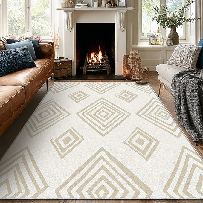 Washable 4x5 Modern Geometric Rug Living Room, Beige Abstract Diamond Design Area Rugs for Bedroom, Modern Geometric Home Decor Carpet, Low Pile, Non Slip, Kids & Pet Friendly (N4177)