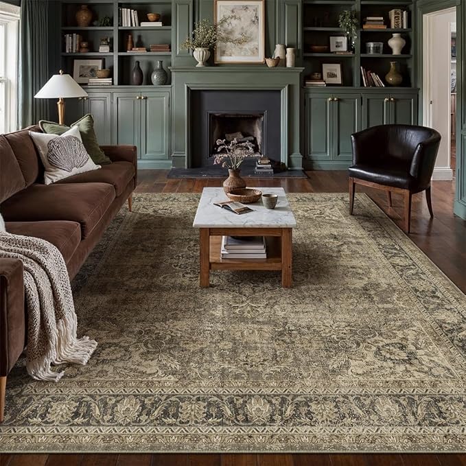 10x14 Brown Area Rug Vintage Living Room Bedroom Washable Carpet Non-Slip Soft Low Pile Distressed Indoor Large Throw Rug for Dining Room Office