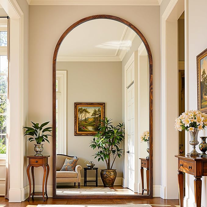 Full Length Mirror 76"×41" Floor Mirror Standing Tall Mirror, Arched Stand up Large Wall Mirrors, Freestanding Full Body Mirrors for Bedroom Living Room Wood Antique Style Walnut