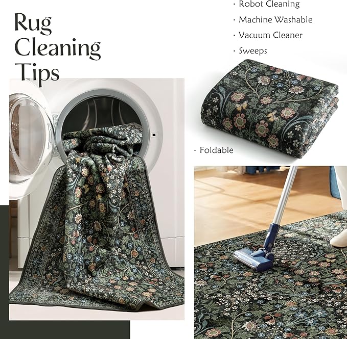 MUJOO 2x3 Washable Rug,Floral Small Area Rugs for Bathroom Entryway Entry Bedroom Bedside,Boho Front Door Mat Indoor Entrance Throw Carpet Botanical Vintage Non Slip Ultra-Thin Black and Green