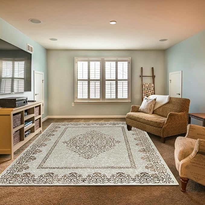 Easy-Going Large Area Rug 8x10 Washable Boho Neutral Rug for Living Room Non-Slip Bedroom Rugs Low Pile Lightweight Floral Brown Print Vintage Throw Rug for Dining Room Kitchen Home Office Carpet