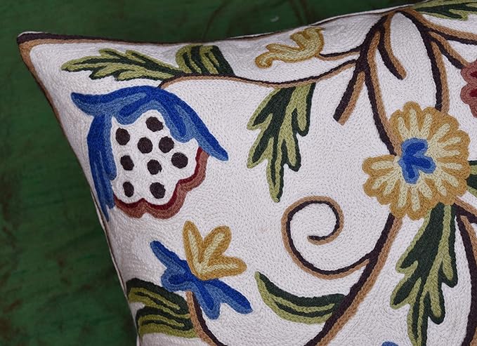 Dahlia Floral Pillow Cover - Cream Flower Pillowcase - Outdoor Cushion - Suzani Farmhouse Chair Throw - Traditional Chair Cushions - Hand Embroidered Wool Size - 18x18