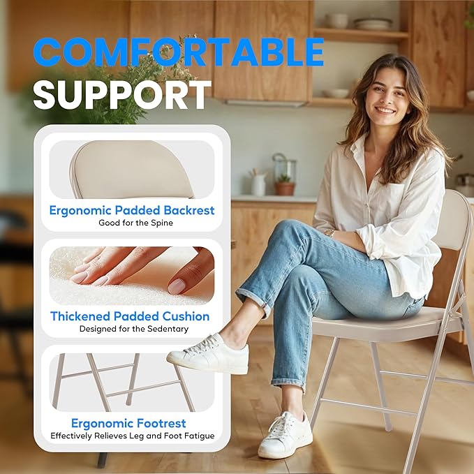 Simple Deluxe 4 Pack Folding Chairs with Leather Padded Cushion Seats & Durable Metal Frame, Comfortable, Foldable, Portable, Commercial Event Seat, Indoor Outdoor for Parties, Home, Office, Kahki