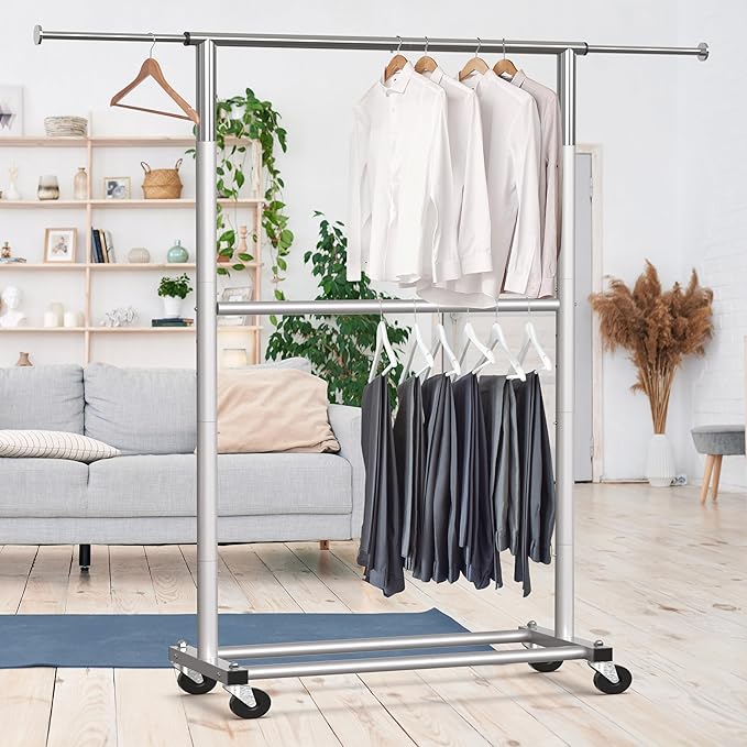 Simple Houseware Double Rod Garment Rack, Grey