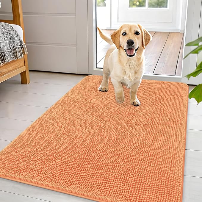 OLANLY Dog Door Mat for Muddy Paws 44x32, Absorbs Moisture and Dirt, Absorbent Non-Slip Washable Doormat, Quick Dry Chenille Mud Mat for Dogs, Entry Indoor Entryway Carpet for Inside Floor, Orange