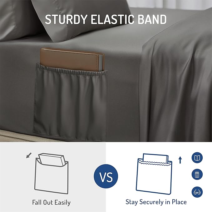 Degrees of Comfort Full Size Sheet Set for Air Mattress – Extra Deep Pocket up to 22”, 4-Piece Bedding Sets with Dual Side Storage Pockets, Breathable & Soft, Wrinkle-Free, Grey