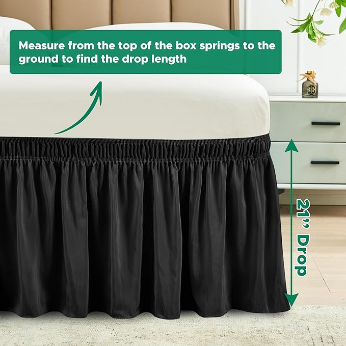 Biscaynebay Wrap Around Bed Skirts for King & Cal King Beds 21" Drop, Black Adjustable Elastic Dust Ruffles Easy Fit Wrinkle Resistant Silky Luxurious Fabric Machine Washable