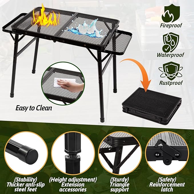 2.5 FT Picnic Table with 2 Wing Panels, Mesh Metal Folding Grill Table Height Adjustable & Lightweight & Portable Table for Outdoor Indoor Camping, Picnic, Beach and BBQ, RV