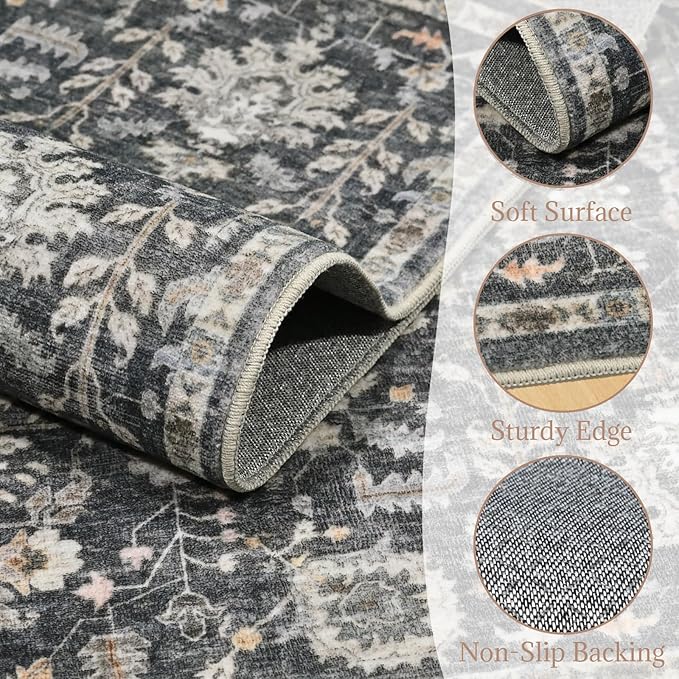 Washable Area Rugs 5'x7' Non-Slip Vintage Boho Distressed Fade Resistant Low Pile Carpet for High-Traffic Living Room, Bedroom & Dining Room