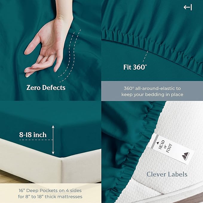 Mayfair Linen 500 Thread Count California King Cotton Sheets - 4 PC Cal King Size Bed Sheet Set Cotton (Teal), Soft, Cooling, Sateen Weave 16" Deep Pocket Bedsheet for Hot Sleepers (Fits 18" Mattress)