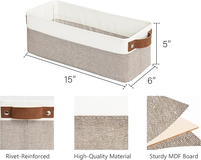StorageWorks Narrow Storage Bins, Small Baskets for Organizing, Long Storage Basket with Handles, Fabric Storage Bins for Shelf, Brown and White, 2-Pack
