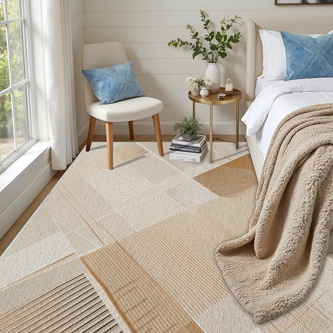 Minimalist Abstract Area Rug 2x3 Brown Boho, Modern Washable Stripe Art Rugs, Soft Non-Slip Low-Pile Carpet for Living Room, Bedroom, Kitchen, Dining Room, Pet Friendly, Non-Shedding, Beige