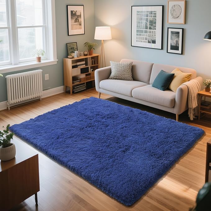 Blue Fluffy Rug Shaggy Area Rug, 3x5 Area Rugs for Girls Bedroom, Soft Cute Baby Play Mat, Indoor Floor Carpet for Teen, Nursery, Preppy Dorm, Plush Aesthetic Bedside Rug