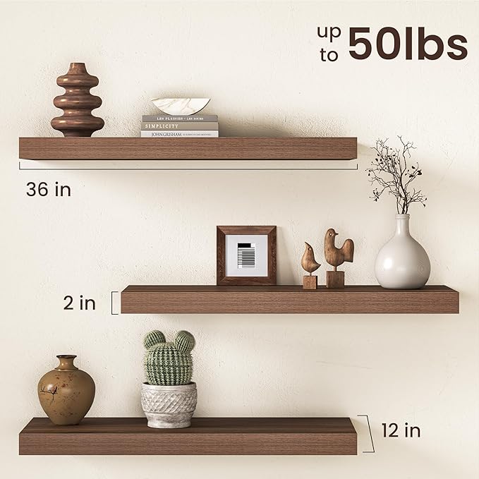 36Inch Walnut Floating Shelves for Wall, 12 Inch Deep Shelves for Bedroom