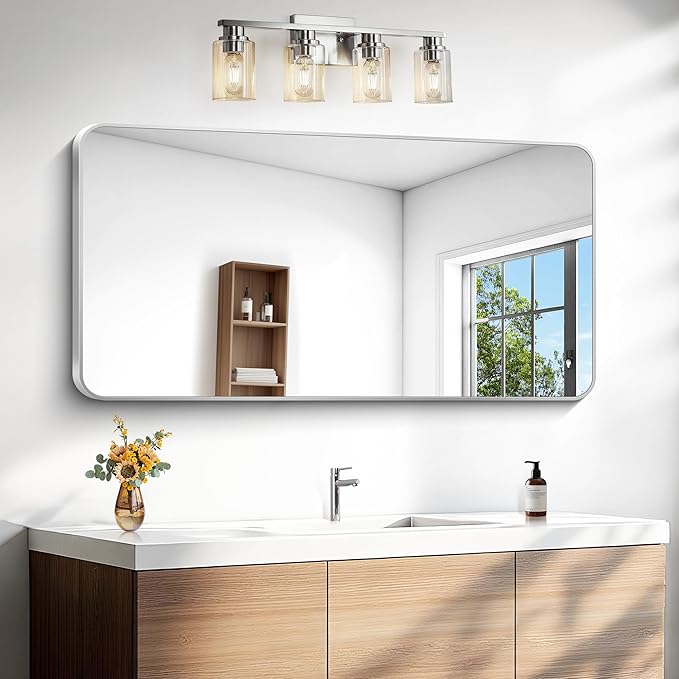 BONEWEI Silver Bathroom Mirror,24x48 inch Wall Mirror for Bathroom Wall Mounted,Rectangle Mirror for Bathroom Over Sink,Modern Frame Round Corner for Living Room,Bedroom Entryway,Horizontal/Vertical