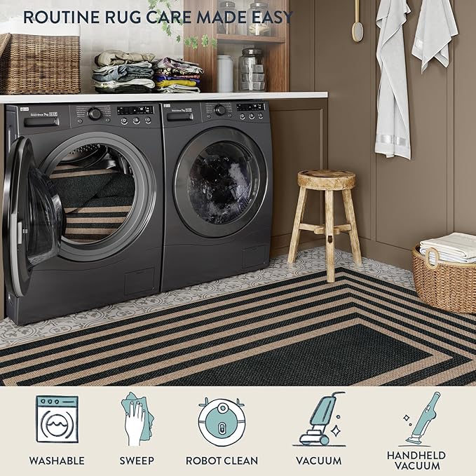 Lahome Modern Geometric Easy Jute Outdoor Rug, 5x7 Patio Living Room Rug Large Black Carpet for Bedroom, Farmhouse Washable Indoor Outdoor Carpet for Dining Room Backyard Deck