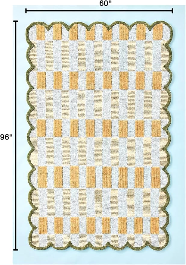 Hand-Tufted Wool Rug with Scalloped Edges, Light Blue Plaid Pattern, Cozy Soft Area Rug for Living Room, Bedroom, and Nursery, Handmade Modern Accent Rug (Blue, 6X8 FEET)