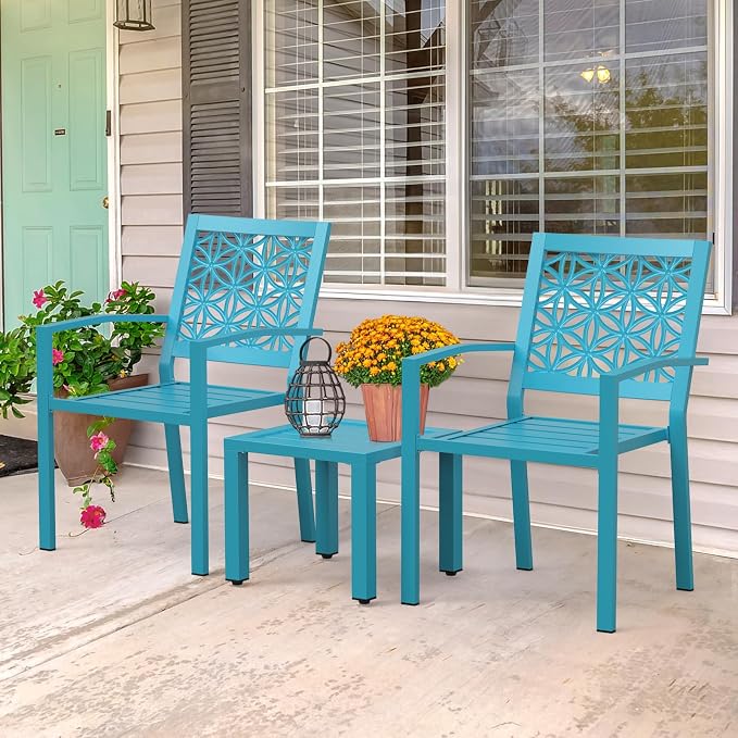 VINGLI 3-Piece Outdoor Bistro Set, Stackable Modern Metal Steel Table and Chairs
