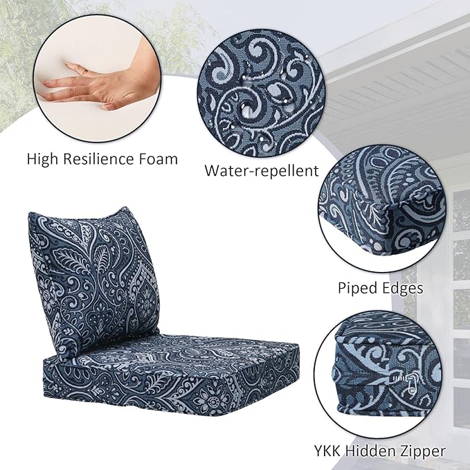 Outdoor Patio Chair Cushions Set, 24" x 24", Set of 2, Water-Repellent, Fade Resistant, Deep Seat Bottom and Back Cushion for Backyard, Couch, Sofa and Patio Furniture, Damask Blue Flower