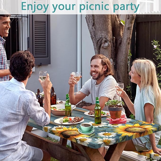 Picnic Table Cover with Bench Covers Camping Essentials Waterproof Windproof Camping Tablecloth with Drawstring Bag, Fitted Rectangle Tables and Seats, 96in, Teal Wooden Sunflower