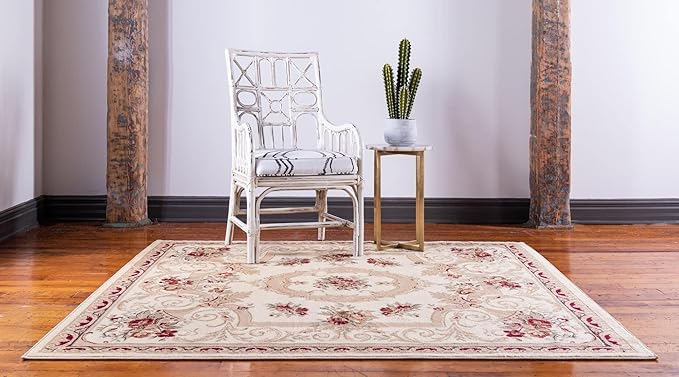 Rugs.com Chateau Collection Rug – 6 Ft Square Cream Medium Rug Perfect for Living Rooms, Kitchens, Entryways