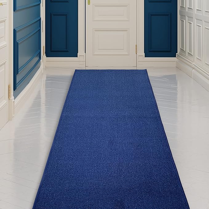 Custom Made Runner Rug Low Pile with Rubber Backing for Kitchen Foyer Hallway Entry Choose Your Length Size 26 Inch Wide Solid and Plain Dark Blue Color (43 feet x 26 inch)