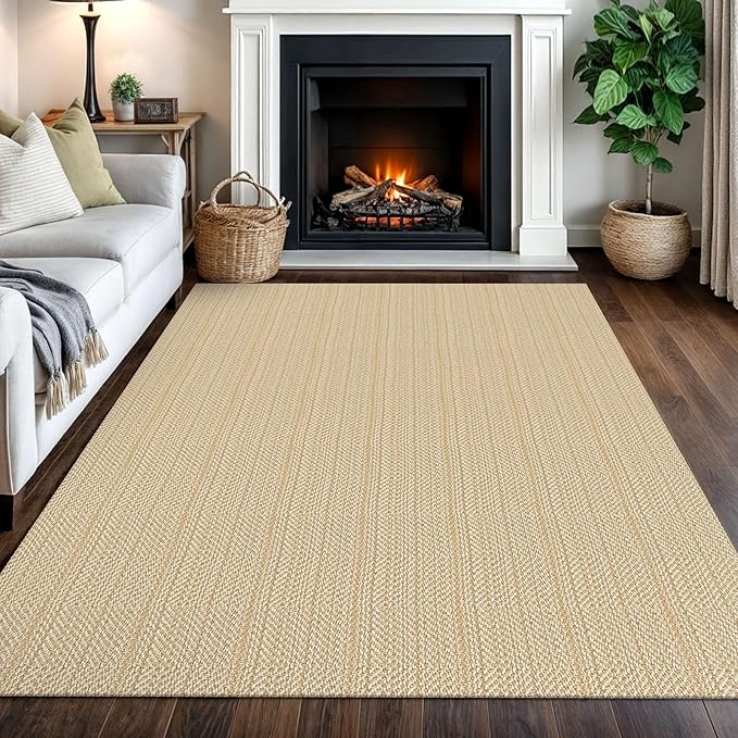 IOHOUZE Washable Area Rug 5x7 Non Slip Rubber Backed Rugs for Living Room, Dining Room Rugs Bedroom Rug, Woven Indoor Floor Carpet for Living Room Nursery, Warm Beige/Orange/Apricot