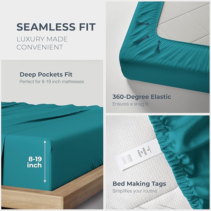 THREAD SPREAD 100% Egyptian Cotton Sheets California King Size Bed Set - 4 PC 1500 Luxury High Thread Count Teal Cal King Bed Sheets, Silky Soft, Cooling, Sateen, 17" Deep Pocket Bedsheet Set