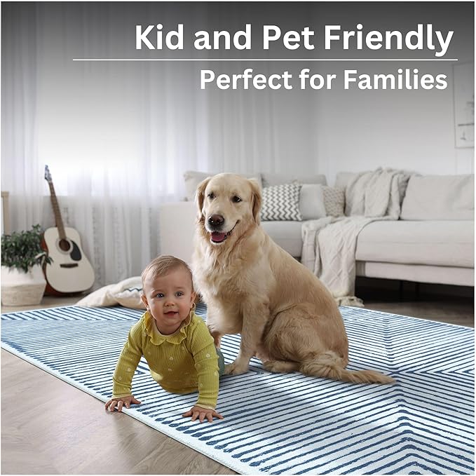 Bloom Rugs Washable Non-Slip 10 ft Runner - Blue/Ivory Striped Runner for Entryway, Hallway, Bathroom, and Kitchen - Exact Size: 2.5' x 10'