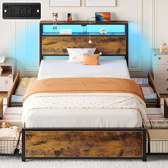 Rolanstar Twin Bed Frame with 4 Storage Drawers, Charging Station and LED Lights