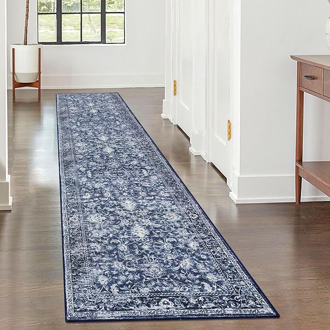 KILOCOCO Hallway Runner 2x7 Rug Runner Printed Vintage Floral Washable Kitchen Runners Non-Slip Rubber Backed Runners for Hallways Laundry Room Distressed Boho Rugs for Entryway Bedroom, Blue