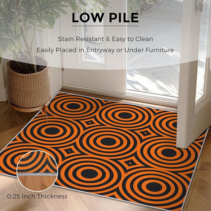 4x5 Geometric Circle Rugs for Bedroom Decor, Washable Retro 60s 70s Geometry Pattern Area Rug, Living Room Home Decoration, Non Slip Soft Thin, Black Orange Decor Carpet PF-P 49