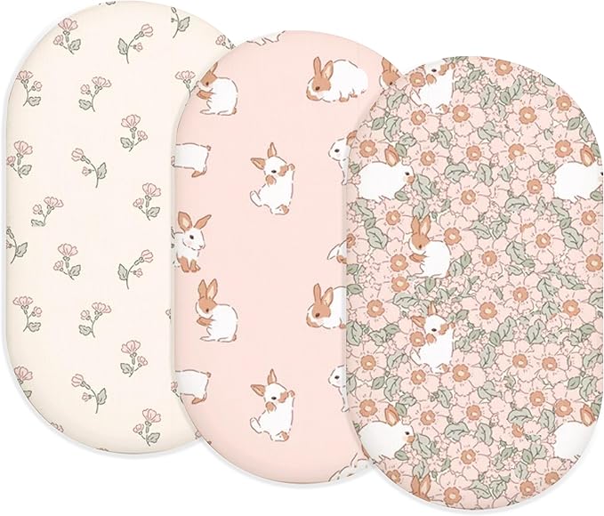 Bassinet Sheets for Baby Girls Boys 2 Pack, Fitted Baby Mattress Sheet for Rectangle, Oval, Hourglass Bassinet Mattress, Breathable Cozy & Universal Fit (Blush Bunny)