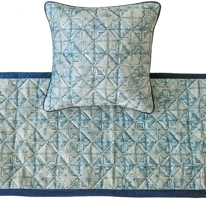 The HomeCentric King/Queen/Twin Blue Decorative Full 68"x18" Bed Runner with 2 Pillow Cover, Indigo, Printed & Quilted Bed Scarf on Suede Fabric - Indigo Centric