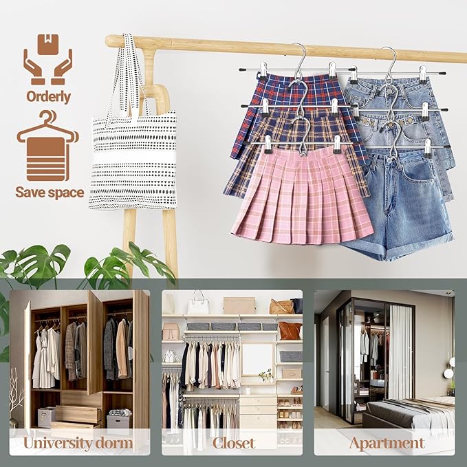 Pants Hangers Space Saving,Stackable Skirt Hangers with Clips, Hanging Closet Organizer and Storage,Clothes Hangers, College Dorm Essentials Apartment Essentials- 8 Pack