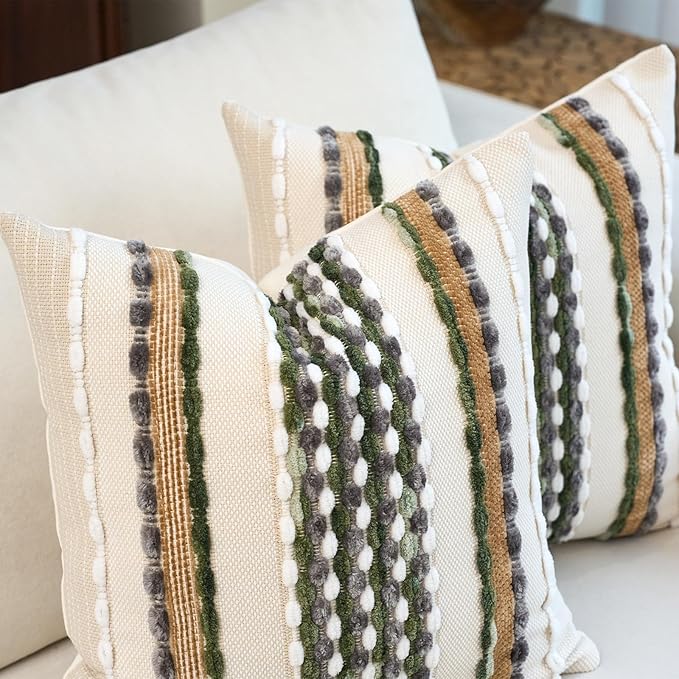 Aeckself Boho Pillow Covers 18x18 Inch Set of 2, Farmhouse Decorative Striped Square Chenille Tufted Accent Neutral Throw Pillow Covers for Living Room Couch Bed, Green