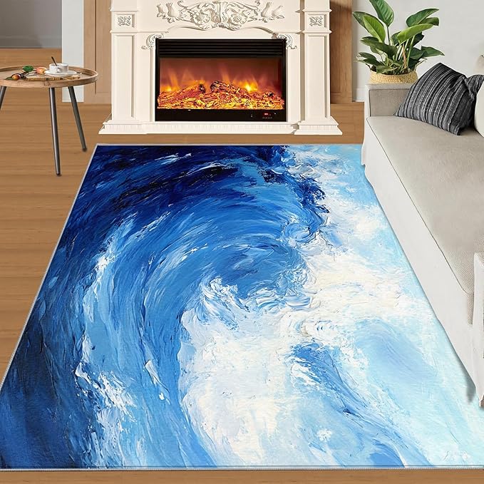 Japanese Ocean Rugs for Bedroom - 4x6 Area Rug - Ukiyo-E Ocean Waves Rugs for Living Room, Abstract Oil Painting Ocean Rug, Washable Home Decor Carpet