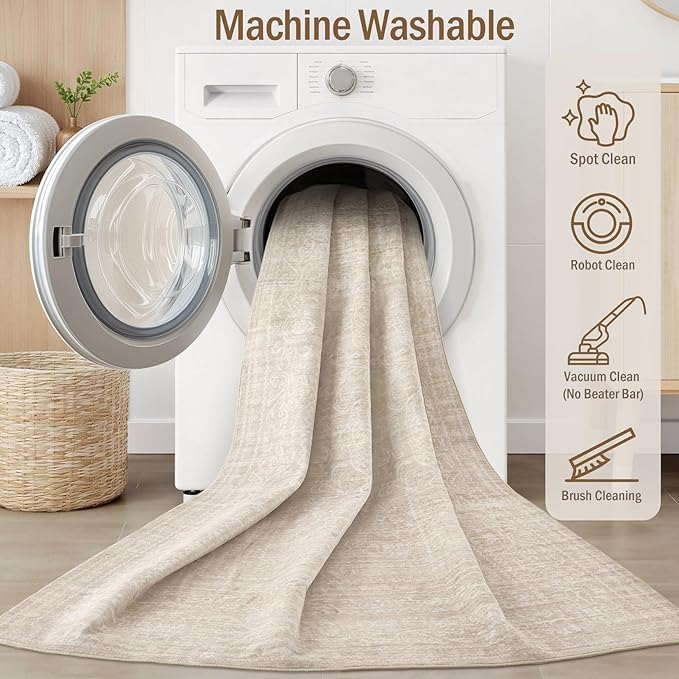 Area Rugs 9x12 Living Room: Washable Large Vintage Beige Rug Neutral Non-Slip Soft Stain Resistant Indoor Carpet for Bedroom Nursery Dining Room Under Table Bed Home House Office Playroom