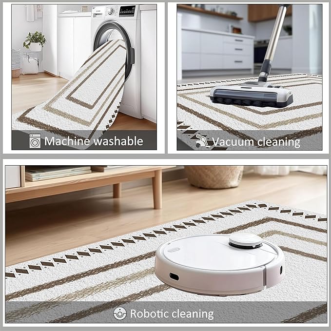 Moroccan Farmhouse Area Rugs 5x7ft, Neutral Geometric Pattern in Off-White Rug, Low Pile Machine Washable & Non-Slip Soft Carpet for Living Room, Bedroom & Dining Room