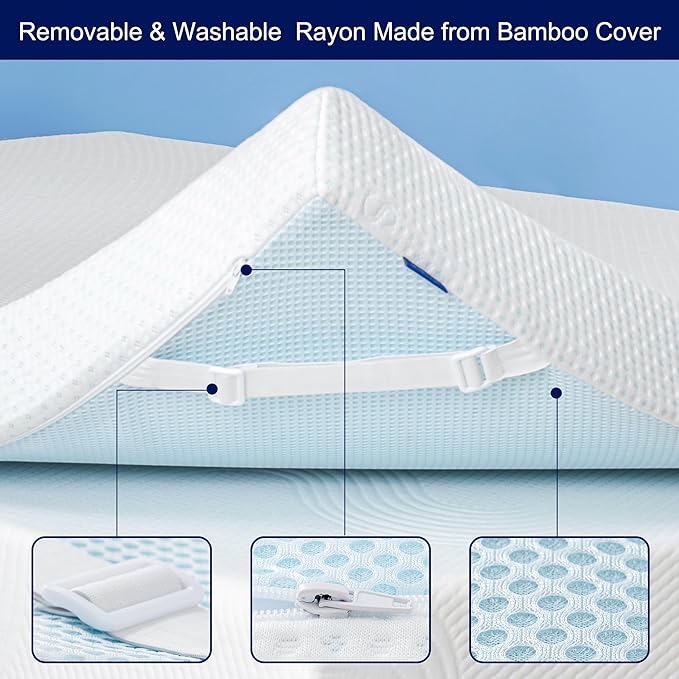 Subrtex 4 Inch Mattress Topper Cover (Only Cover) Mattress Topper Protector Bedding Rayon Made from Bamboo Removable Mattress Encasement with Zippers, CK