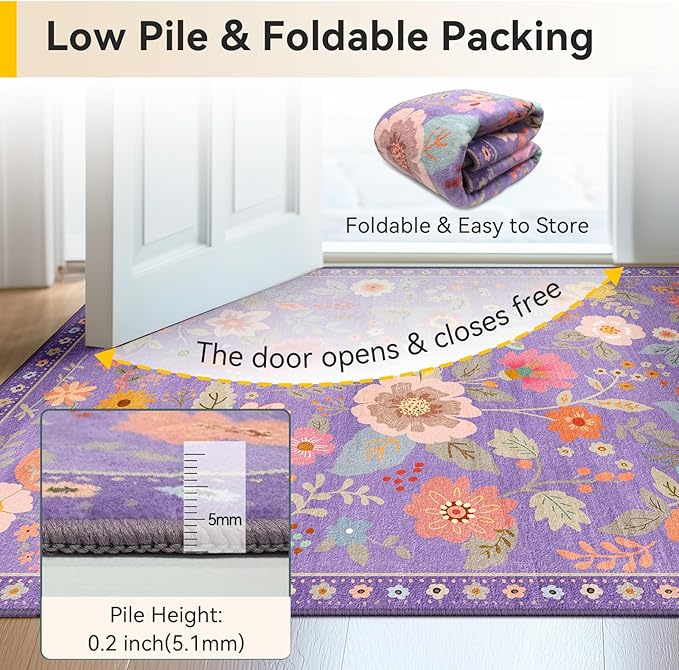 Floral 4x6 Area Rug Machine Washable Soft Print Boho Carpet Non Slip Doormat Low Pile Flower Area Rugs for Living Room Bedroom Nursery Kitchen Dining Room Indoor-Purple/Pink/Multi