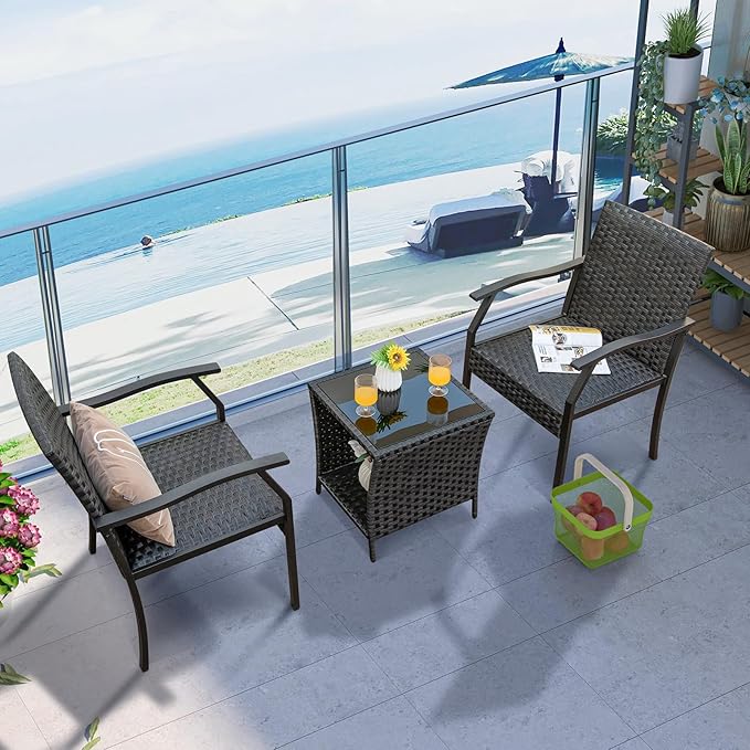 Tangkula 3 Pieces Patio Wicker Chair Set, Waterproof All Weather Resistant