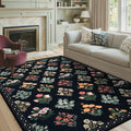 Wonnitar Floral Print Rug for Living Room, Black Washable 5x7 Area Rugs, Ultra-Thin Non Slip Stain Resistant Bedroom Carpet for Dining Room Playroom Office Dorm, Black/Multi