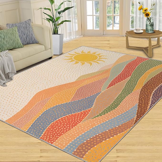 Boho Sun Runner Rugs 3x6ft, Mosaic Sunburst Bedside Rug, Dotted Gradient Hills Laundry Rug with Non Slip Backing for Bedroom Kitchen Sink Front Door Entryway Indoor