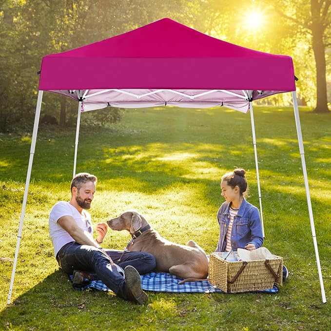 Bonnlo 6x6 Pop Up Canopy Tent, Outdoor Foldable Easy Up Party Tent with 1 Sidewall, Slant Legs Portable Gazebo for Camping, Parties (Pink)