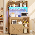 Itaar 35.4 inch Bakers Rack with Power Outlet and Storage, Farmhouse Coffee Bar Cabinet, Microwave Stand Kitchen Cabinet with Hutch, LED Lights, Wine Glass Holder and 8 Hooks, Oak