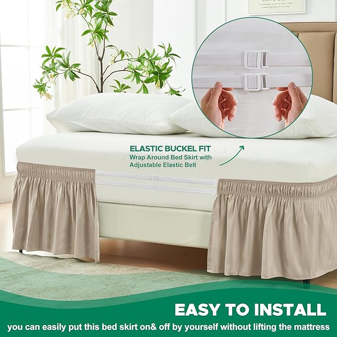 Biscaynebay Wrap Around Bed Skirts for Full & Full XL Beds 16" Drop, Light Camel Adjustable Elastic Dust Ruffles Easy Fit Wrinkle & Fade Resistant Silky Luxurious Fabric Solid Machine Washable