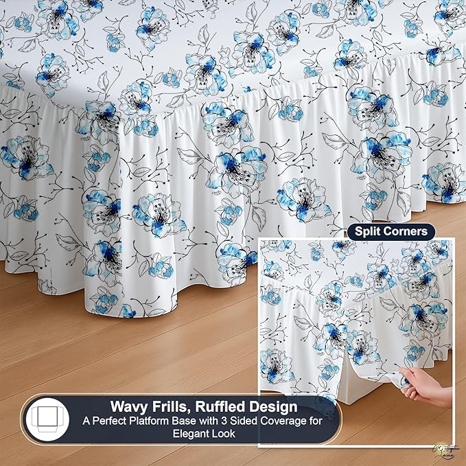 Cottington Lane Ruffled Bed Skirt Twin Size with Split Corner, Brushed Microfiber Hotel Quality Dust Ruffle, 21 Inch Drop Gathered Bedskirt, Soft, Stylish, Shrink & Fade Resistant, Blue Blossom