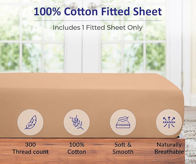 ROYALE LINENS 300 Thread Count 100% Long Staple Combed Cotton Fitted Sheet Twin XL - Super Soft Deep Pocket Bottom Sheet - Fitted Sheets Only - Elastic Sheets (Twin XL, Sand)